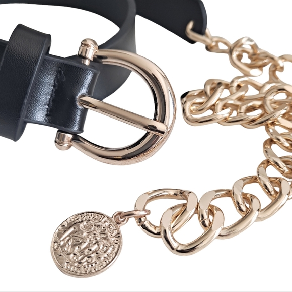 Womens edgy black Faux leather Y2K metal gold chain waist punk rock dress belt - Picture 16 of 17